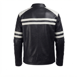 <b>Men's</b> Black PU Leather Moto <b>Jacket</b> With White Stripes Stand Collar Zipper Closure Slim Fit Autumn Style - Product Image 2