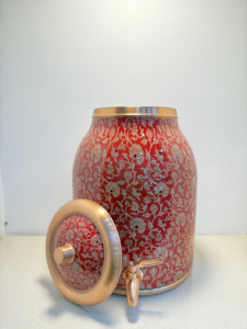 Royal Red Floral Printed Pure <b>Copper</b> Water Dispenser Tank 8L Luxury Golden Jaal Pattern Matka Leakproof Water Camper with Tap - Product Image 4