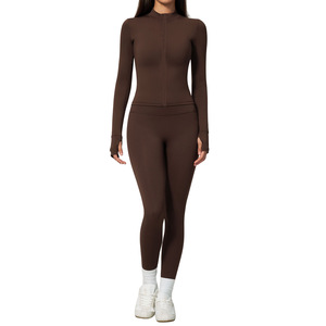 Women's <b>Brown</b> Racerback Scoop Neck Seamless Long Sleeve Elastic Waist <b>Leggings</b> Set Yoga Activewear Medium Support Quick Dry - Product Image 1