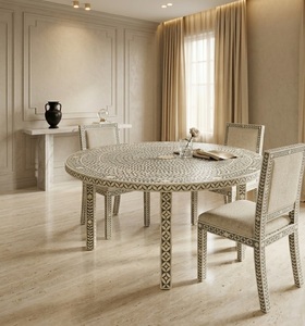 Table à manger ronde en os incrusté, bureau de salle à manger en bois à motifs modernes pour salon et décoration intérieure - Product Image 2