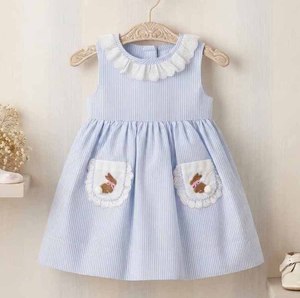 Ensemble de vêtements en coton pour bébé garçon, t-shirt à poche brodé à la main avec motif de lapin mignon, short rayé, vêtements d'été pour tout-petits, vente en gros - Product Image 3