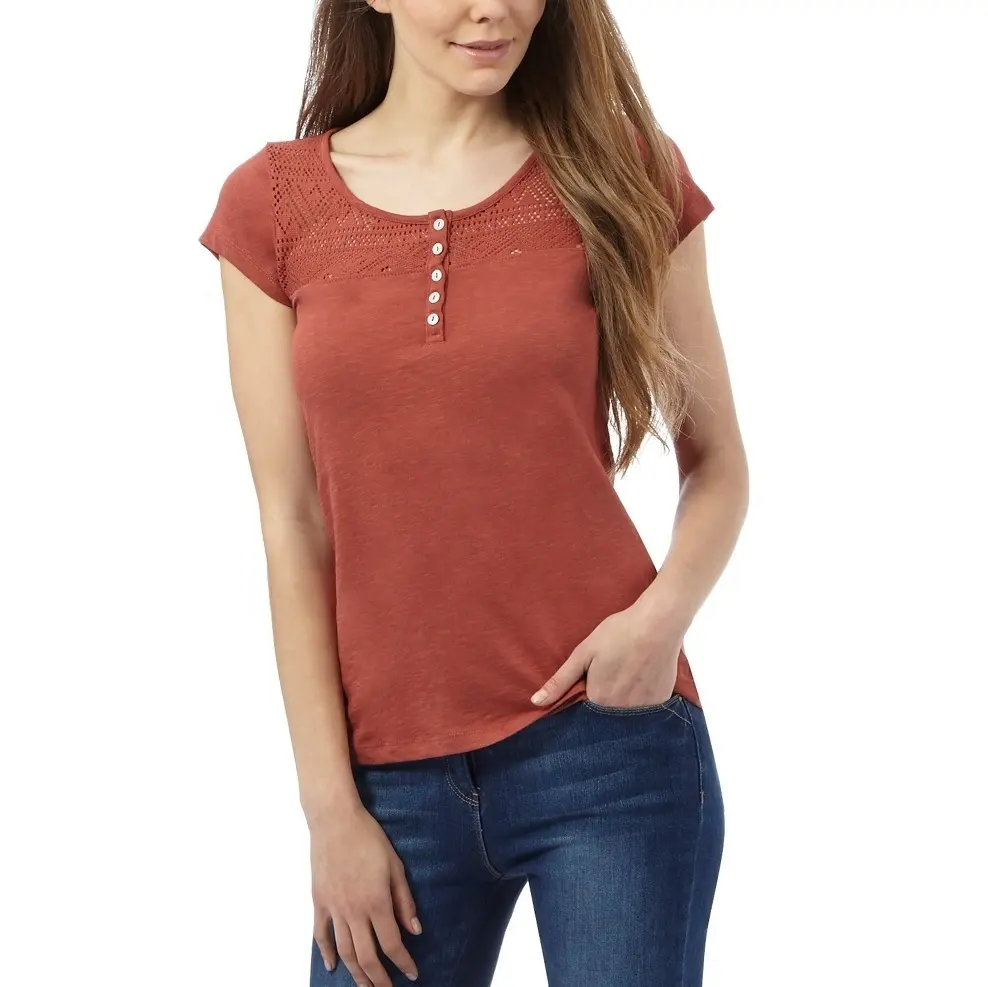 Camiseta con yugo de ganchillo para mujer, camisetas de diseño moderno para mujer joven, Tops de lujo para mujer