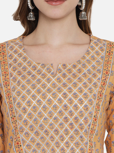 Robe de soirée longue ample à manches trois quarts, style Kurti vintage, imprimé floral traditionnel en coton, imprimé à la main au bloc, coupe trapèze - Product Image 6