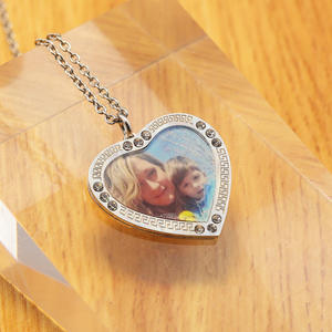 Silver Heart Photo Pendant Lab Grown Diamond Greek Key Border Custom <b>Memory</b> Pendant Necklace - Product Image 3