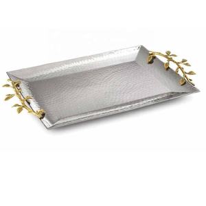 Venta caliente de latón y acero inoxidable con asas de hoja de oro bandeja ovalada larga bandeja de Metal para centro de mesa de fiesta de aniversario de boda - Product Image 6