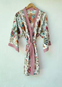 Bata Kimono de Algodón 100% con Estampado de Bloques y Dibujos Animados para Mujer, Suave y Transpirable, Camisón de Verano Hecho a Mano, Cuello en V Elástico, ODM - Product Image 5