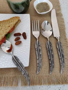 Juego de cubiertos de 4 piezas con mango de plumas, juego de cubiertos vintage con hojas plateadas, juego de cuchara, tenedor y cuchillo antiguos para el hogar - Product Image 5