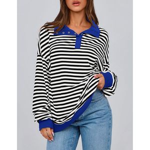 Sudaderas con Capucha a Rayas Extra Grandes de Moda Casual para Mujer, Tops con Botones de Manga Larga, Ropa Preppy para Primavera y Otoño - Product Image 5