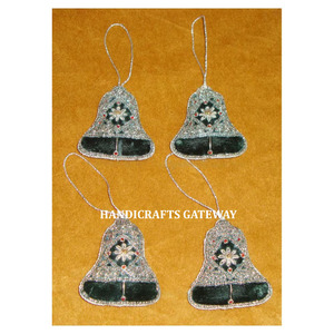 Golden Zari Embroidery With Beaded Work Christmas Tree Hanging Ornaments Indian Best Quality Fabric Material Black Bell Shape. - Product Image 1
