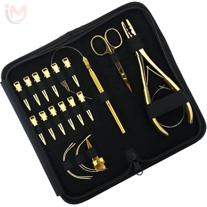 Professional Gold Hair Extension Tools Set Pliers Scissors Clips Loop <b>Needle</b> Finger Shield <b>Threaders</b> Zipper Storage Case Kit - Product Image 1