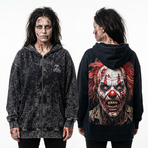 Sudadera con capucha con cremallera y estampado gráfico de payaso de temática de terror, lavado ácido negro, con estampado completo personalizado en la espalda, estilo streetwear con retrato aterrador - Product Image 1