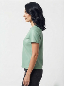 Camiseta de Cuero Genuino de Primera Calidad para Mujer, Cuello Redondo, Manga Corta, Corte Ajustado, Bolsillo Decorativo con Cremallera, Prenda de Moda - Product Image 2