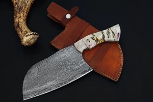 Handmade 8-Inch Damascus Steel Cleaver <b>Knife</b> with <b>Bone</b> <b>Handle</b> Ambidextrous Design Modern Style Dishwasher Safe Leather Sheath - Product Image 5