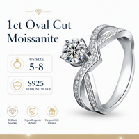 Bague de fiançailles de luxe en moissanite ovale 1 carat, couleur D, pureté VVS, argent sterling S925, taille brillant 3EX, 5 griffes, plaqué rhodium