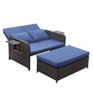 Divano a due posti in rattan da esterno con divano letto 2-in-1 e ottoman, vassoio ottoman regolabile a 5 livelli, vassoio laterale retrattile, uso multiuso - Product Image 1