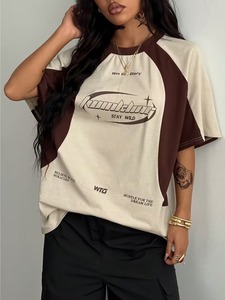 Women'S Streetwear Oversized Short Sleeve, Y2K Street Style Letter Print Trendy <b>Top</b>, Off-Shoulder Design <b>Patchwork</b> T-Shirt - Product Image 5