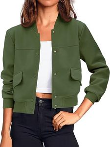 Chaqueta Bomber Verde para Mujer, Color Sólido, Cuello Alto, Manga Larga, Cierre de Botones, Ropa Exterior Informal, Bolsillo con Parche, Material de Poliéster - Product Image 1