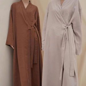 New Arrival Linen Cotton <b>Abaya</b> Brown Basic Daily Wear with Elastic Sleeves Maxi Length Plus Size <b>Plain</b> Dyed Dress For Women - Product Image 2