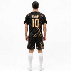 Ensemble de maillots de football personnalisés Team 10, noir et or, sublimés, col rond, manches courtes, tissu respirant en polyester, uniformes - Product Image 6