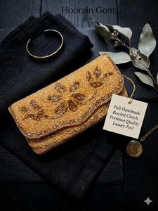 Hoorain Gem Handmade Beaded <b>Clutch</b> Rectangular Shape Flower Pattern <b>Gold</b> Color Party Use Luxury Feel - Product Image 1