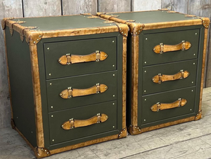 Vintage Green Leather Trunk Drawer Cabinet Antique <b>Storage</b> Chest Brass Studded Wooden <b>Sideboard</b> Home Furniture - Product Image 2