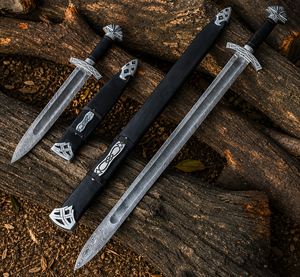 Par de espadas vikingas |   Funda de espada de acero de Damasco grabada a mano de alta calidad |   SAZ ENTERPRISES Norse Ragnar El Mejor Regalo de Navidad - Product Image 2