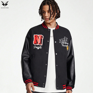Veste de baseball pour homme avec patchwork de lettres, veste bomber noire à broderie personnalisée, poignets à rayures rouges, streetwear décontracté - Product Image 4