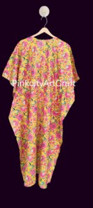 Vestido Kaftán Amarillo de Algodón Puro con Estampado a Mano, Estilo Indo-Occidental, Cintura Natural Asimétrica, Vestido Maxi Ecológico para Mujer - Product Image 4