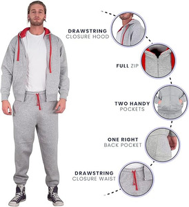 Survêtement décontracté gris chiné pour homme Elite avec accents rouge cramoisi vif, ensemble athlétique deux pièces haut de gamme avec sweat à capuche zippé - Product Image 4