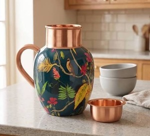Pichet en cuivre martelé fait main avec couvercle et ensemble de gobelets assortis pour les fêtes en plein air, carafe en cuivre métallique - Product Image 3