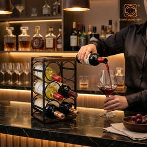 KHP Modern Industrial Wood and Iron Countertop Wine Rack 6-Bottle <b>Tabletop</b> Holder Small Premium Wine Display Shelf for Home Bar - Product Image 4