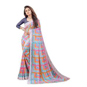 ÚLTIMO ESTAMPADO DE GEORGETTE TRABAJO SAREE CON BLUSA DESECHADA MELOCOTÓN - Product Image 1