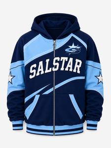 เสื้อฮู้ดดี้ผู้ชายสไตล์วินเทจสีน้ำเงินแบบมีซิป พร้อมฮู้ด  เสื้อสเวตเชิ้ตพรีเมียมแนวสตรีทแวร์  ตกแต่งด้วยแผงผ้าตัดกัน  รับสกรีนโลโก้ตามสั่ง - Product Image 1