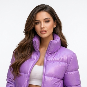 High Quality Purple Quilted Puffer <b>Jacket</b> With Stand Collar Zipper Closure <b>Short</b> Winter Coat For Women Solid Color Polyester - Product Image 6