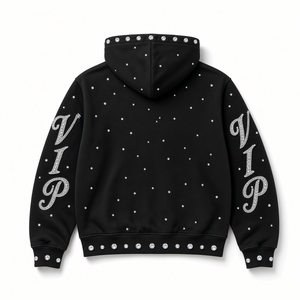 <b>Black</b> Rhinestone VIP Crown <b>Zip</b>-<b>Up</b> <b>Hoodie</b> Oversized Streetwear Front Logo Autumn Wear Regular Fit Cotton French Terry - Product Image 4
