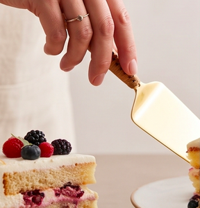 <b>Golden</b> Cake Server <b>Set</b> With Leather Handle Minimalist Design For Elegant Dessert Serving Use And Tableware Use - Product Image 3