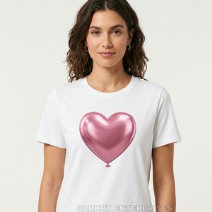 Custom Pink <b>Balloon</b> Heart Women <b>White</b> Tshirt 3D Metallic Effect Cotton Tee Manufacturer Soft Girl Style Female Tops Wholesale - Product Image 1