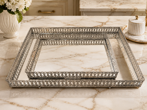 Metal Decorative Tray Set Rectangle Abstract Pattern Traditional Design 2Pcs <b>Mirror</b> Surface Standing Organizer Wedding Birthday - Product Image 5