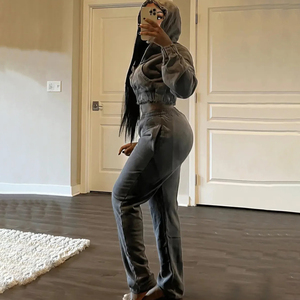 Custom Womens Vintage Acid Wash Tracksuit <b>Cropped</b> <b>Zip</b> Hoodie and Flare Pants Two Piece Set - Product Image 6