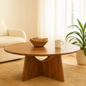 Table basse moderne de luxe en bois massif, extensible, convertible et pliable, avec finition brune, ronde, pour la maison et l'hôtel - Product Image 1