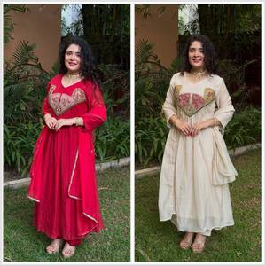 Conjunto de Kurta Tradicional de Algodón para Mujer, Bordado, Largo hasta el Suelo, Corte Holgado, Estilo India Pakistán, Rojo - Product Image 6