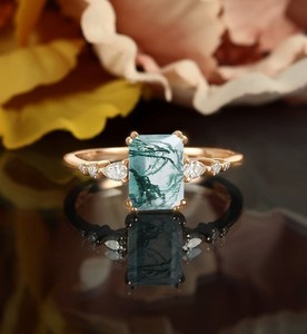 Emerald Cut <b>Moss</b> <b>Agate</b> Bridal Engagement <b>Ring</b> in 925 Silver Luxury Vintage Nature Inspired Wedding & Party Jewelry Gift - Product Image 3