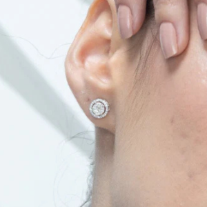 18K White Gold Oval Cut Diamond & Pearl Cluster Halo Stud <b>Earrings</b> - Product Image 2