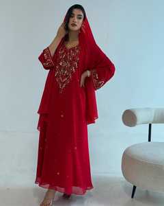 Robe de soirée élégante pour femme, rouge, en organza brodé de perles, longueur ras du sol, coupe trapèze modeste, col en V, manches longues, avec veste, taille naturelle - Product Image 4