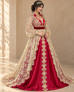 Mishkat Couture Eleganter Rubinroter Champagner-Gold Spitzen-Kaftan mit Perlen- und Kristallverzierungen V-Ausschnitt Maxi-Länge Bischof-Ärmel Rot - Product Image 2