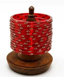 <b>Red</b> glass Bangles Set With Crystal Rhinestone Flower Pattern Ethnic Style Women's Jewelry - Product Image 3
