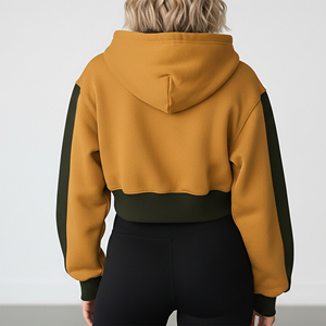 Women's Cropped Color Block Hoodie With Logo Front Print Regular Sleeve Casual Autumn Wear Breathable and Knitted Cotton - Product Image 2