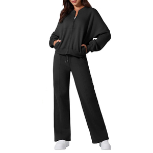 Ensemble de survêtement noir pour femme, sweat à capuche zippé, pantalon large, coupe décontractée, couleur unie, respirant, en polyester, pour l'automne - Product Image 1