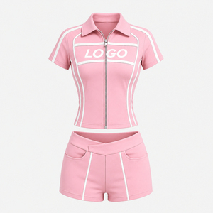Trending Women's Custom Logo <b>Set</b>: Lapel-Collar Zipper Short-Sleeve Jacket with Shorts Casual Sportswear Two-Piece <b>Set</b> - Product Image 2