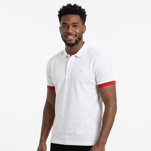 Polo de Manga Corta Blanco para Hombre con Ribete Rojo, Algodón, Casual, Transpirable, Corte Regular, Diseño Tejido de Color Sólido - Product Image 6